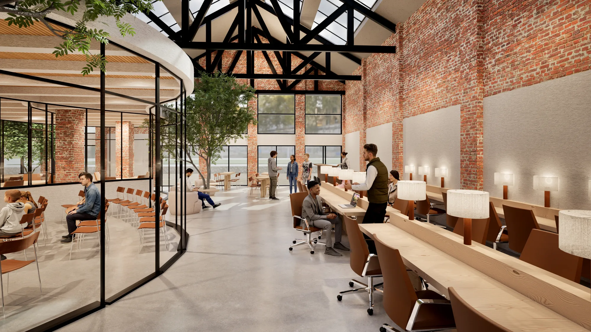 SKNF Flagship: A zona de foco, com uma luminária em cada mesa